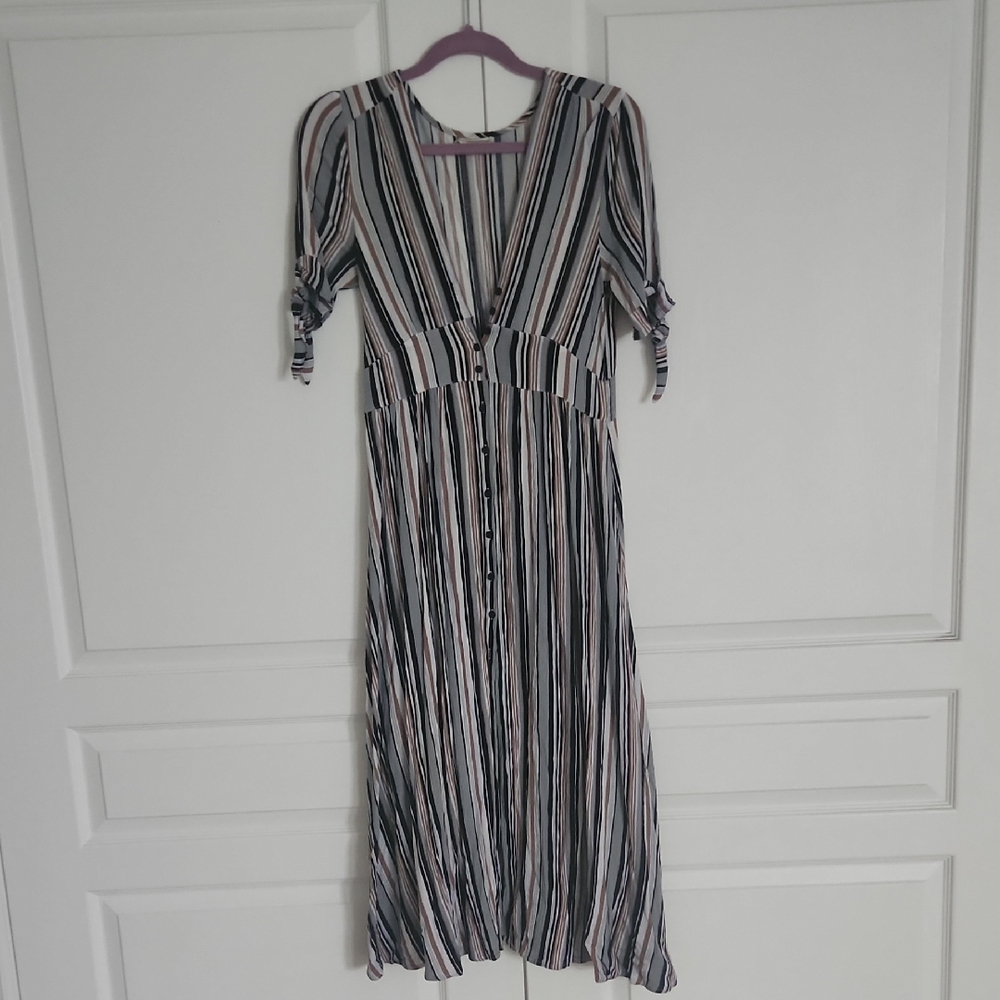 Crescent Striped Button Up Short Sleeve Midi Dress